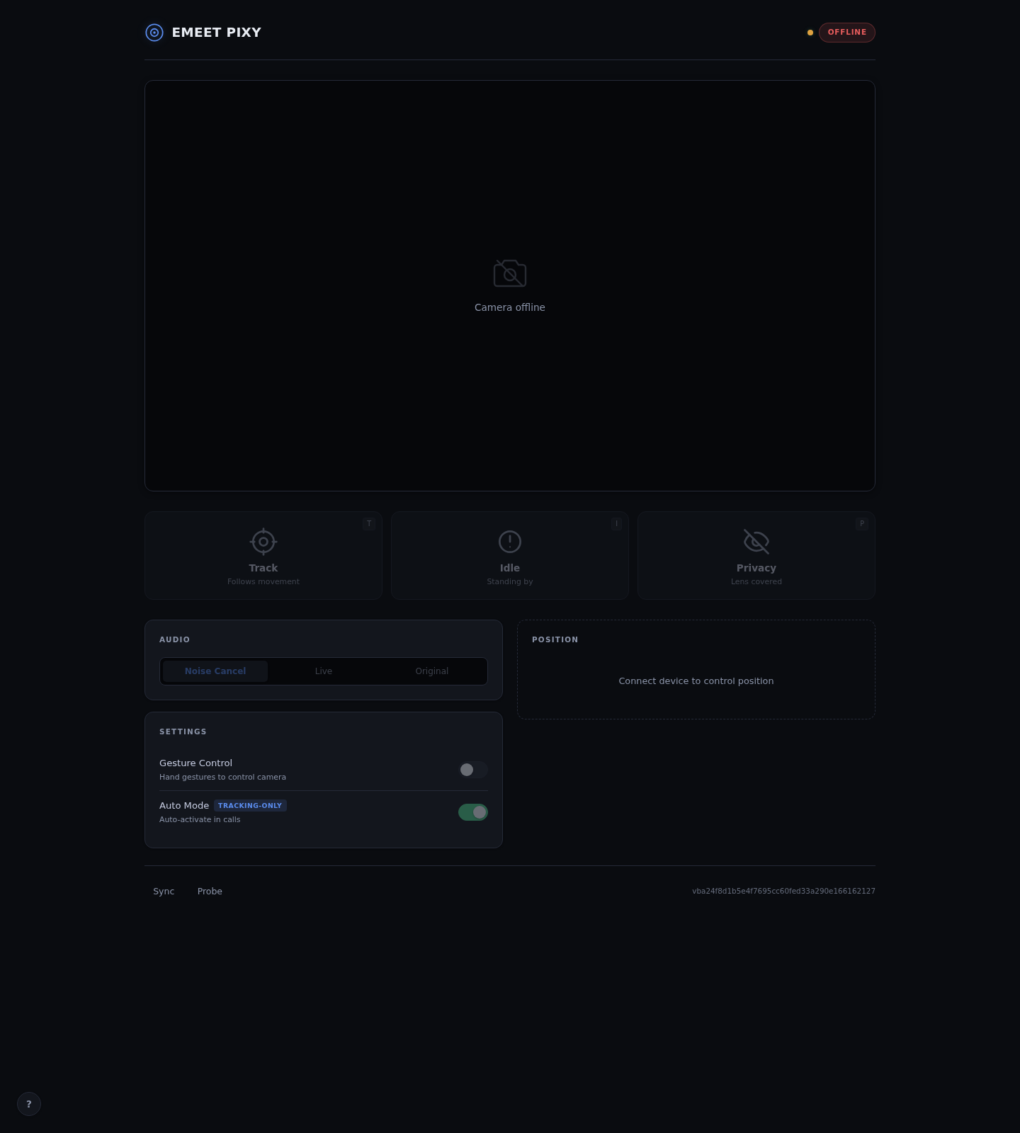 emeet-pixyd web control panel with camera mode cards, audio segments and PTZ controls